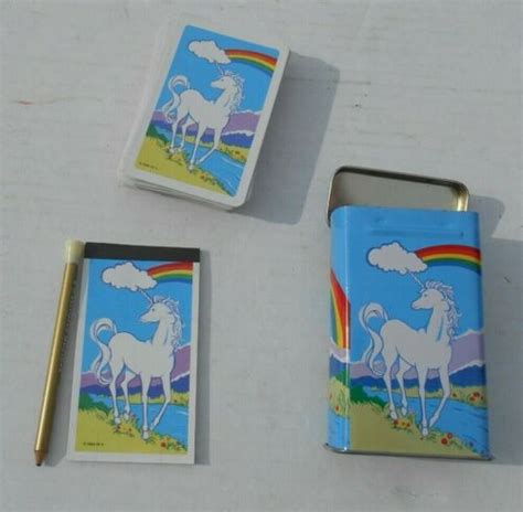 1984 rainbow unicorn metal box|VINTAGE 1984 UNICORN PLAYING CARDS IN METAL TIN .